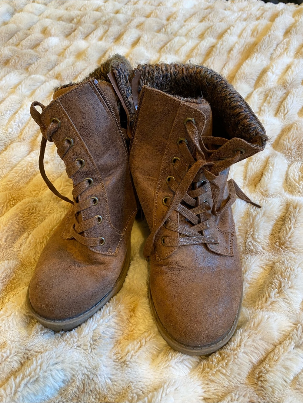 Brown Faux Suede Lace-Up Ankle Boots with Faux Fur Collar